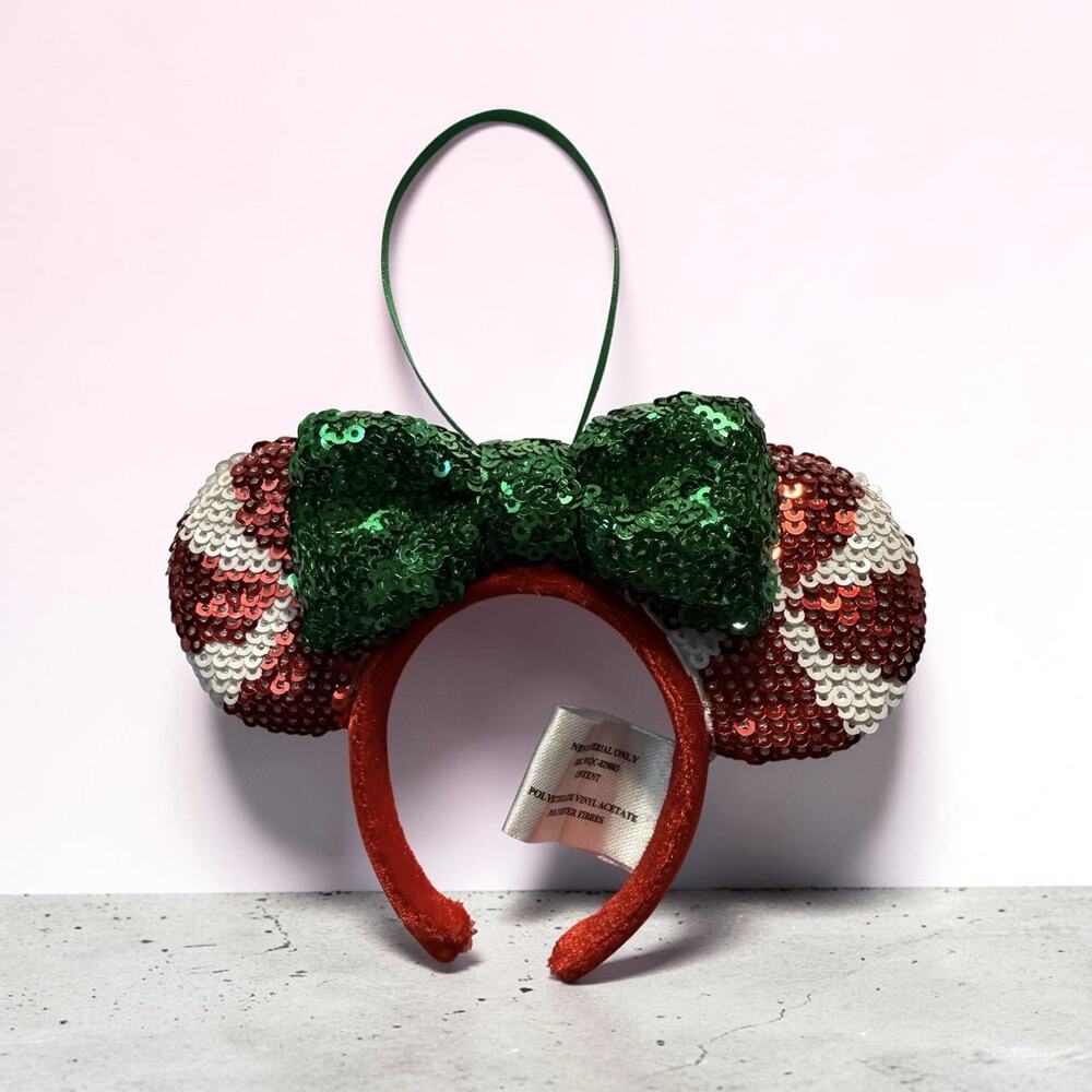 Disney Parks Minnie Mouse Peppermint Sequined Ears Headband Christmas Ornament